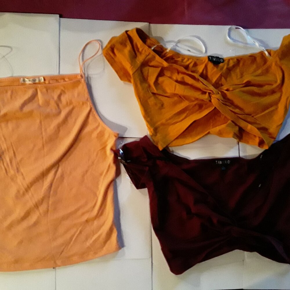 4- Juniors SZ Large - 2 Timing Crop Tops, 1 Heart & Hips Tank, 1 Shein Crop Tank
